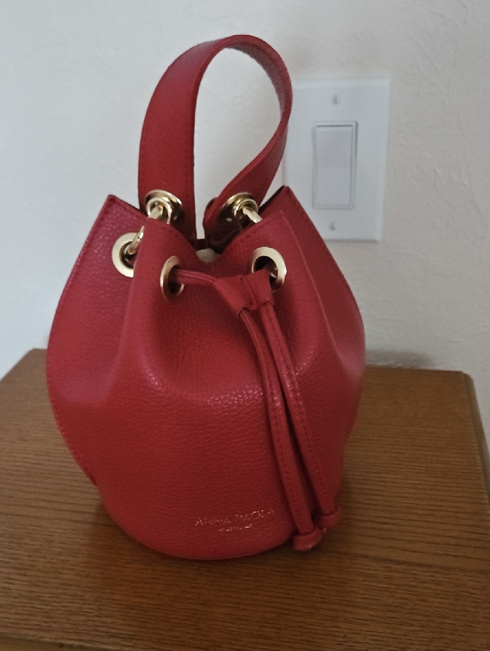 Anna Paola Red Leather Drawstring Bucket/Crossbody Bag